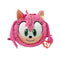 Sonic the Hedgehog Amy plush toy in bright pink soft fabric with tan muzzle and green eyes, rounded ball shape, smiling face with side quills and fringe, bounceable plush, isolated on white background