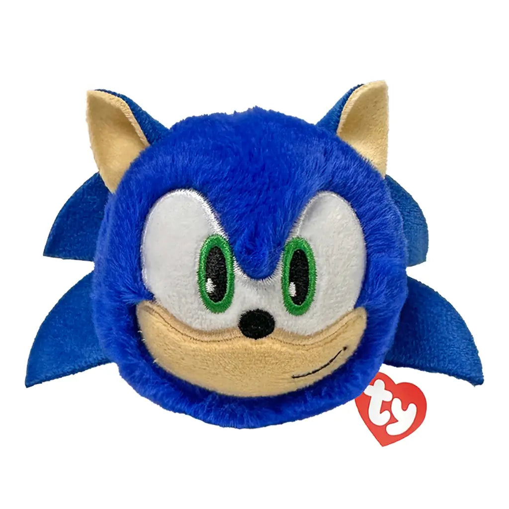 Sonic the Hedgehog Sonic plush toy in bright blue soft fabric with tan muzzle and green eyes, rounded ball shape, smiling face with spiky sides, bounceable plush, isolated on white background