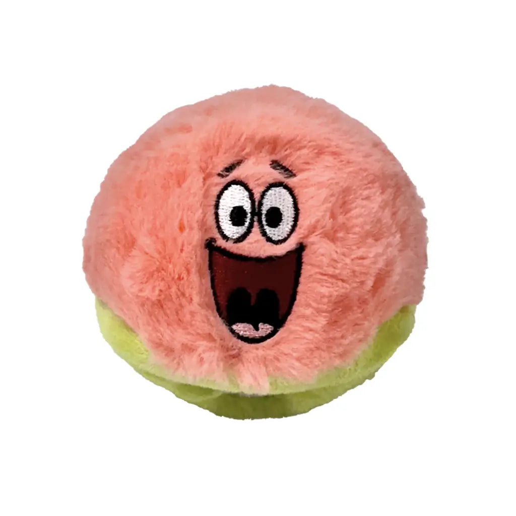 TY Beanie Bouncers Patrick Star plush toy, pink fuzzy sphere with soft texture and embroidered wide smile and eyes, rounded bouncer shape with light green base on a plain background.