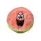 TY Beanie Bouncers Patrick Star plush toy, pink fuzzy sphere with soft texture and embroidered wide smile and eyes, rounded bouncer shape with light green base on a plain background.