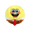 TY Beanie Bouncers SpongeBob plush toy, bright yellow fuzzy sphere with soft texture and embroidered blue eyes, smile, and tie, rounded bouncer shape with brown base on a light background.