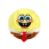 TY Beanie Bouncers SpongeBob plush toy, bright yellow fuzzy sphere with soft texture and embroidered blue eyes, smile, and tie, rounded bouncer shape with brown base on a light background.