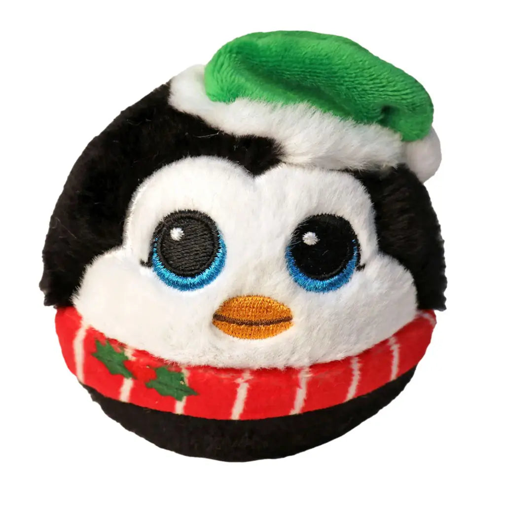 Ty Beanie Bouncers Spruce the penguin plush toy, round black and white fuzzy body with big blue embroidered eyes, orange beak, red holiday scarf with holly, and green Santa hat.