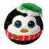 Ty Beanie Bouncers Spruce the penguin plush toy, round black and white fuzzy body with big blue embroidered eyes, orange beak, red holiday scarf with holly, and green Santa hat.