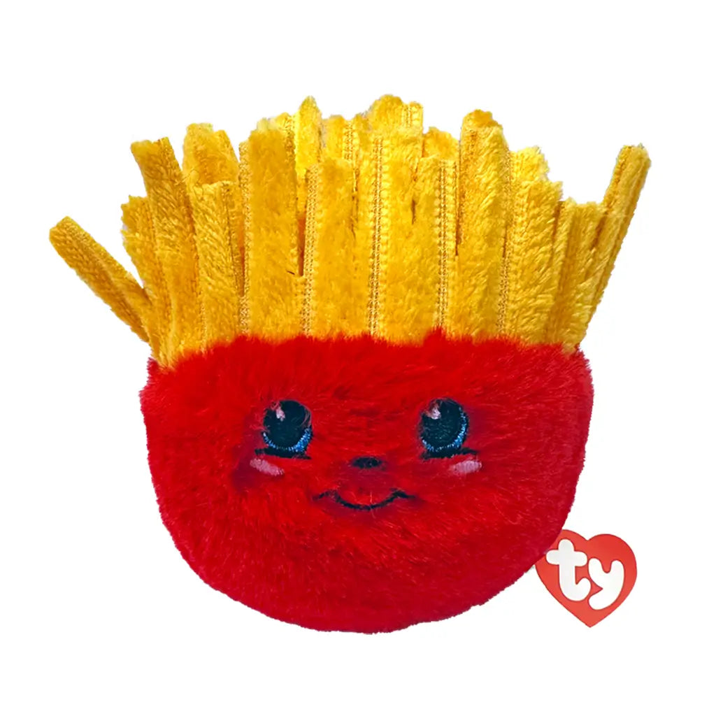 TY Beanie Bouncers plush toy, bright red fuzzy fabric base with soft texture and smiling face, topped with yellow plush fries shaped pieces, small rounded bouncer form, designed as a playful food-themed character on a plain background.