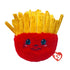 TY Beanie Bouncers plush toy, bright red fuzzy fabric base with soft texture and smiling face, topped with yellow plush fries shaped pieces, small rounded bouncer form, designed as a playful food-themed character on a plain background.