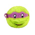 TY Beanie Bouncers Donatello plush toy, bright green fuzzy sphere with soft texture and purple eye mask, rounded bouncer shape with embroidered eyes and smile, character design on a light background.