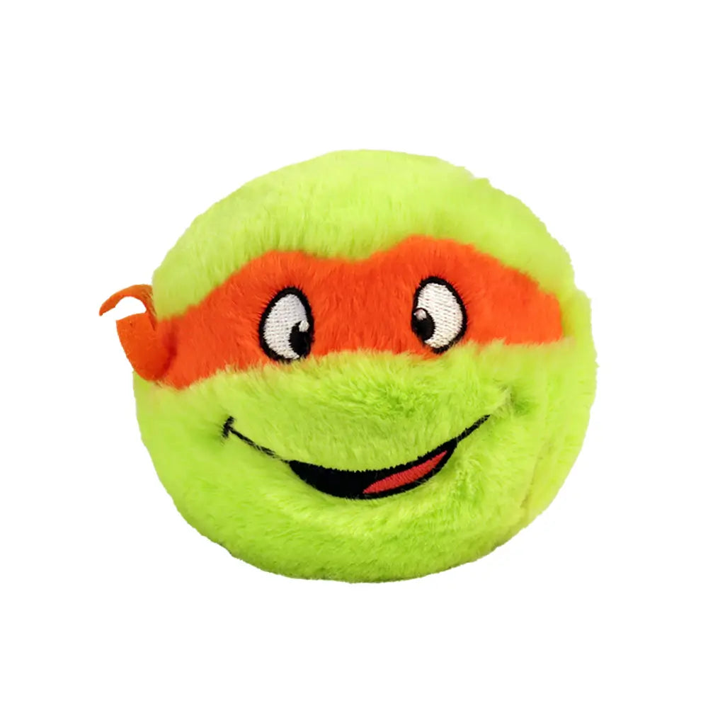 TY Beanie Bouncers Michelangelo plush toy, bright green fuzzy sphere with soft texture and orange eye mask, rounded bouncer shape with embroidered smile and eyes on a light background.
