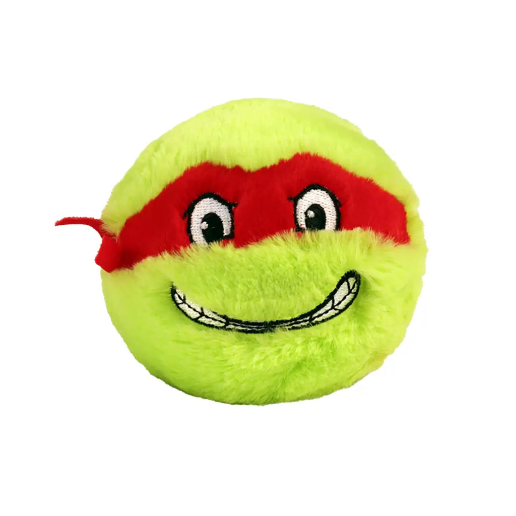TY Beanie Bouncers Raphael plush toy, bright green fuzzy fabric sphere with soft texture and red eye mask detail, rounded bouncer shape featuring embroidered smile and eyes, character-themed design on a clean light background.