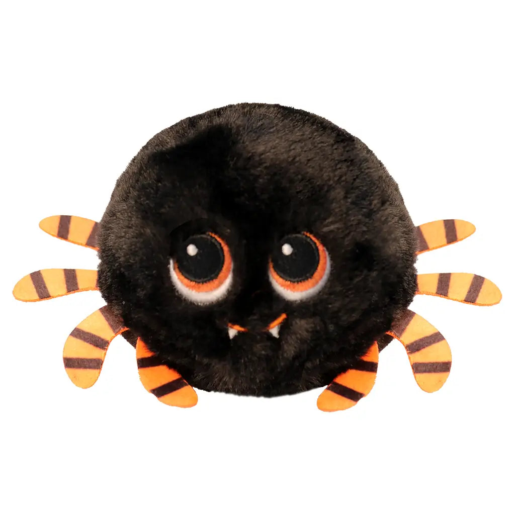 Round black spider plush toy with orange striped legs, big orange-rimmed eyes, and tiny white fangs, designed as a playful Ty Beanie Bouncer collectible for Halloween.