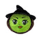 Wicked Elphaba plush toy in bright green soft fabric with black witch hat and dark hair, rounded ball shape, large embroidered eyes and small smile, bounceable plush, isolated on white background