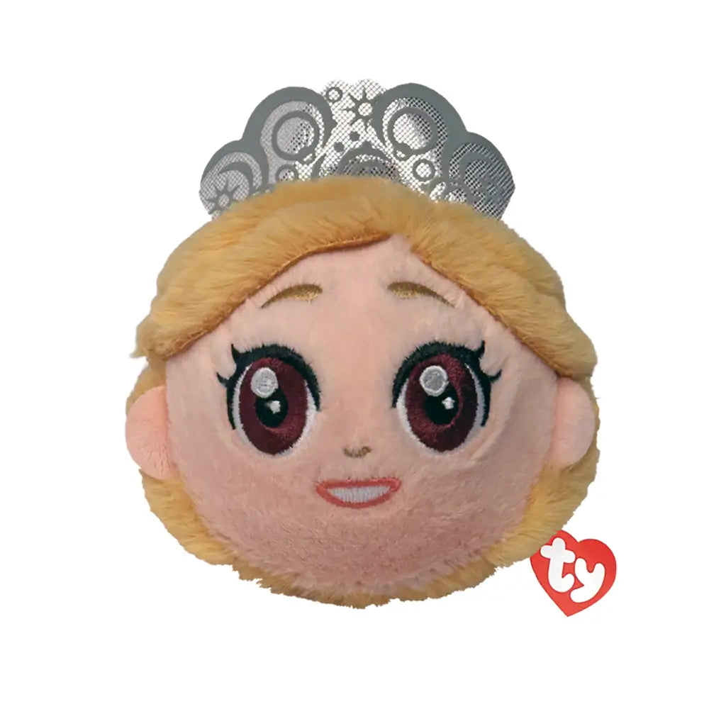 Wicked Glinda plush toy in soft peach and beige fabric with blonde hair and silver crown, rounded ball shape, large embroidered eyes and smiling face, bounceable plush, isolated on white background