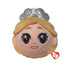 Wicked Glinda plush toy in soft peach and beige fabric with blonde hair and silver crown, rounded ball shape, large embroidered eyes and smiling face, bounceable plush, isolated on white background