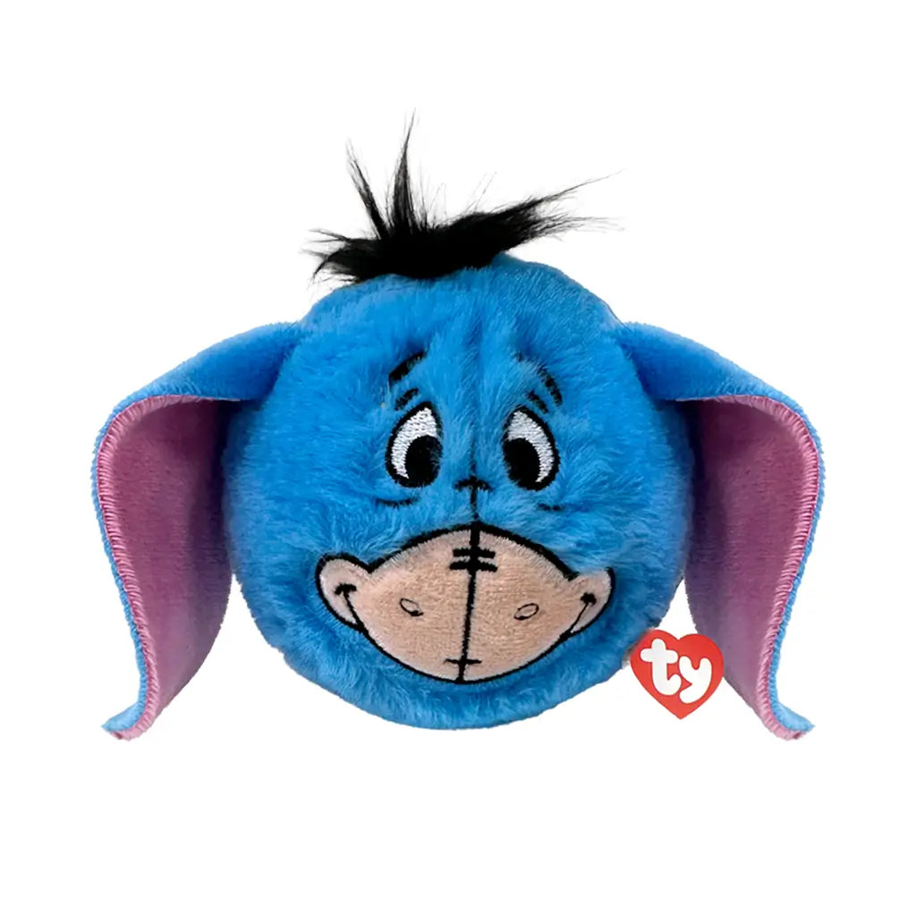 Disney Eeyore donkey plush toy in bright blue soft fabric with pale pink inner ears, rounded ball shape, stitched sad smile face with black tuft hair, bounceable plush, isolated on white background