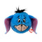 Disney Eeyore donkey plush toy in bright blue soft fabric with pale pink inner ears, rounded ball shape, stitched sad smile face with black tuft hair, bounceable plush, isolated on white background
