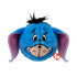 Disney Eeyore donkey plush toy in bright blue soft fabric with pale pink inner ears, rounded ball shape, stitched sad smile face with black tuft hair, bounceable plush, isolated on white background