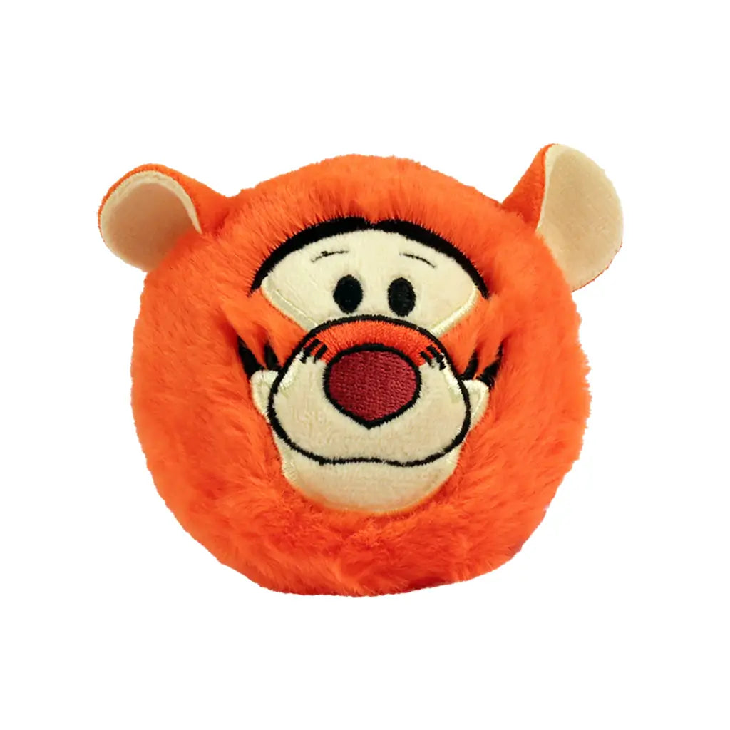 Disney Tigger tiger plush toy in bright orange soft fabric with cream face and inner ears, rounded ball shape, smiling face with black stripes and red nose, bounceable plush on white background