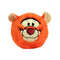 Disney Tigger tiger plush toy in bright orange soft fabric with cream face and inner ears, rounded ball shape, smiling face with black stripes and red nose, bounceable plush on white background