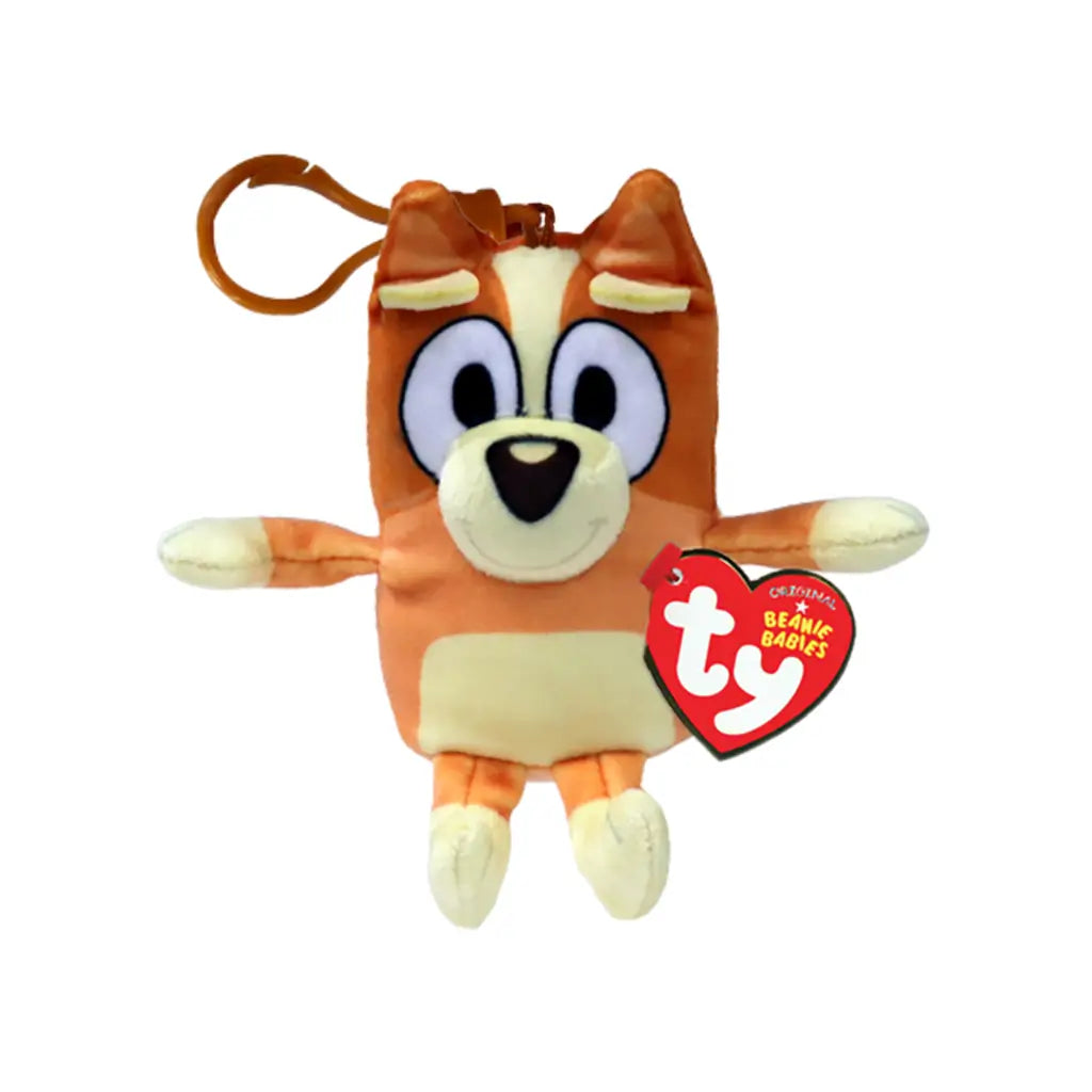 Bluey Bingo plush keychain clip toy in orange and cream soft fabric with rectangular body, embroidered eyes and nose, small arms and legs, and plastic clip attachment on a clean white background.