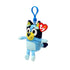 Bluey plush keychain clip toy in blue and navy soft fabric with rectangular body, angled view showing embroidered eyes and smiling face, small arms and legs, and clip on a clean white background.