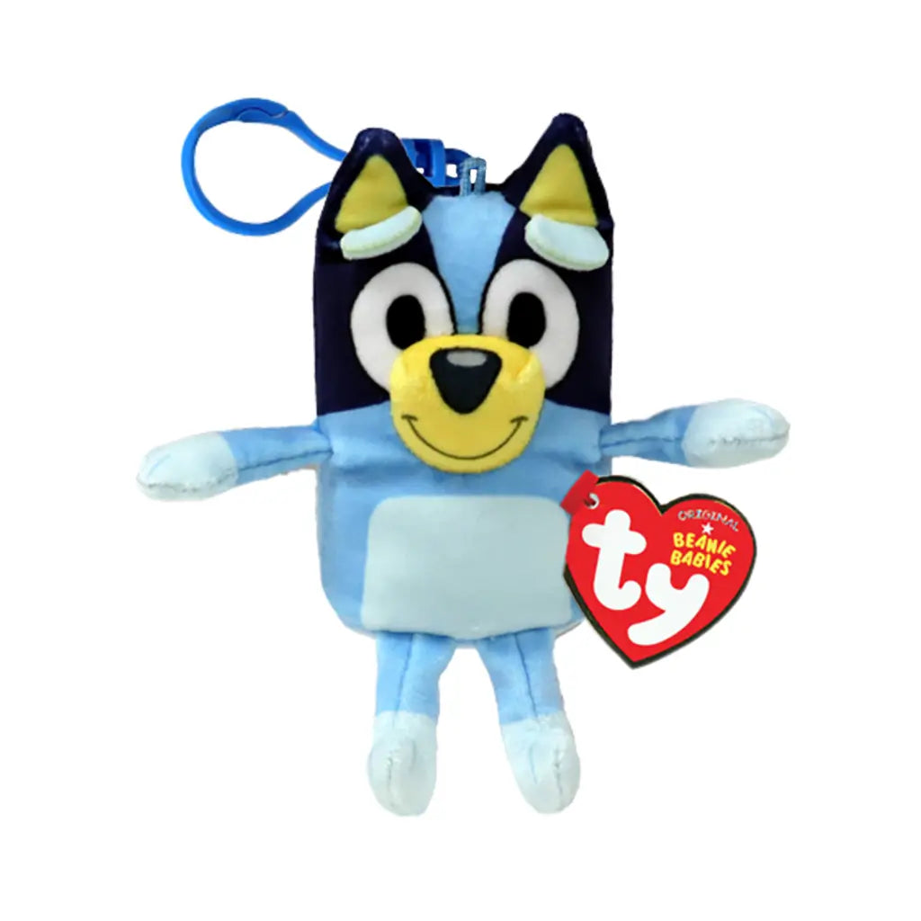 Bluey plush keychain clip toy in blue and navy soft fabric with rectangular body, embroidered eyes and smiling face, small arms and legs, and plastic clip attachment on a clean white background.