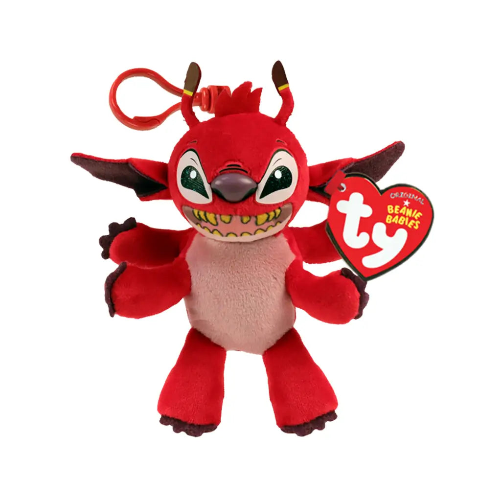 Disney Leroy plush keychain clip toy in bright red soft fabric with rounded alien body, wide grin with yellow teeth, large ears, small limbs, and plastic clip attachment on a clean white background.