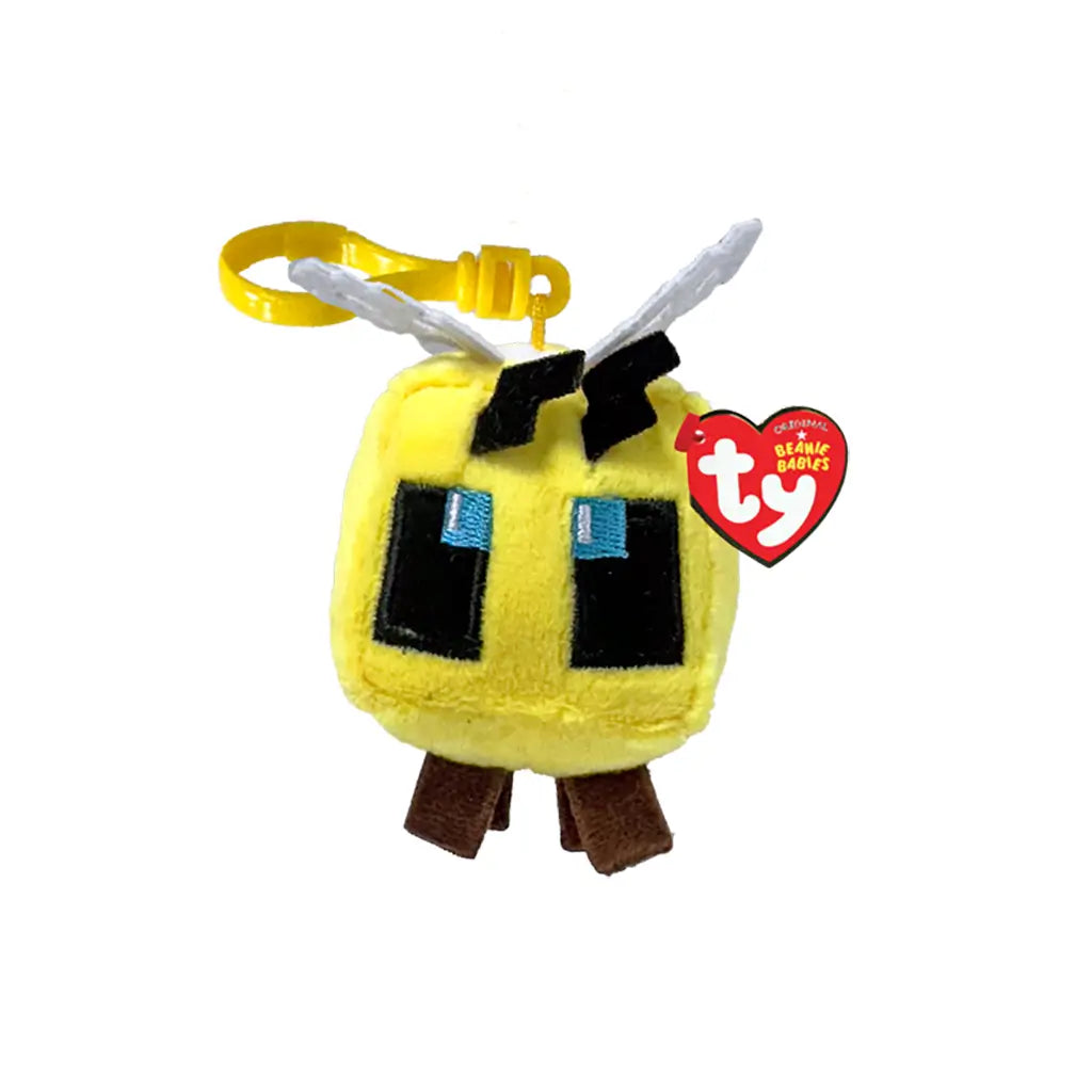 Minecraft bee plush keychain clip toy in bright yellow soft fabric with cube-shaped body, black embroidered eyes, small brown legs, white wings, and plastic clip on a clean white background.