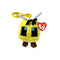 Minecraft bee plush keychain clip toy in bright yellow soft fabric with cube-shaped body, black embroidered eyes, small brown legs, white wings, and plastic clip on a clean white background.