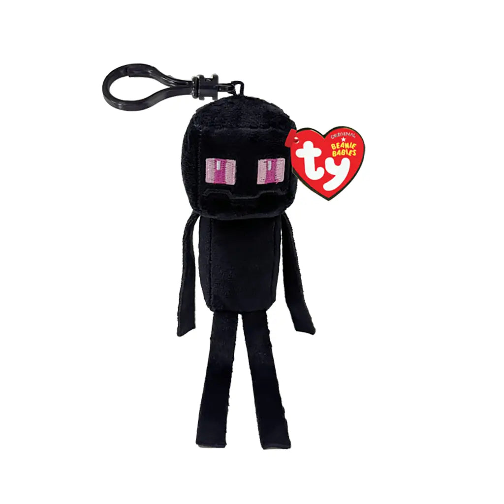 Minecraft Enderman plush keychain clip toy in black soft fabric with tall blocky body, featuring purple square eyes, long limbs, stitched details, and clip attachment on a clean white background.