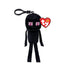 Minecraft Enderman plush keychain clip toy in black soft fabric with tall blocky body, featuring purple square eyes, long limbs, stitched details, and clip attachment on a clean white background.