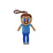 Minecraft Steve plush keychain clip toy in tan, blue, and brown soft fabric with blocky body, featuring pixel-style blue eyes, square head, stitched smile, and clip attachment on a white background.