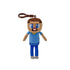 Minecraft Steve plush keychain clip toy in tan, blue, and brown soft fabric with blocky body, featuring pixel-style blue eyes, square head, stitched smile, and clip attachment on a white background.