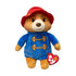 Ty Paddington Bear plush toy with brown soft fabric, rounded teddy shape, blue duffle coat with rope toggles, red hat, black eyes, and stitched smile on a plain white background.