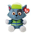 Rocky Paw Patrol plush toy Ty Beanie Babies in gray and green soft fabric, seated dog shape with embroidered face, orange eyes, green cap and vest, recycling pup character design on white background.