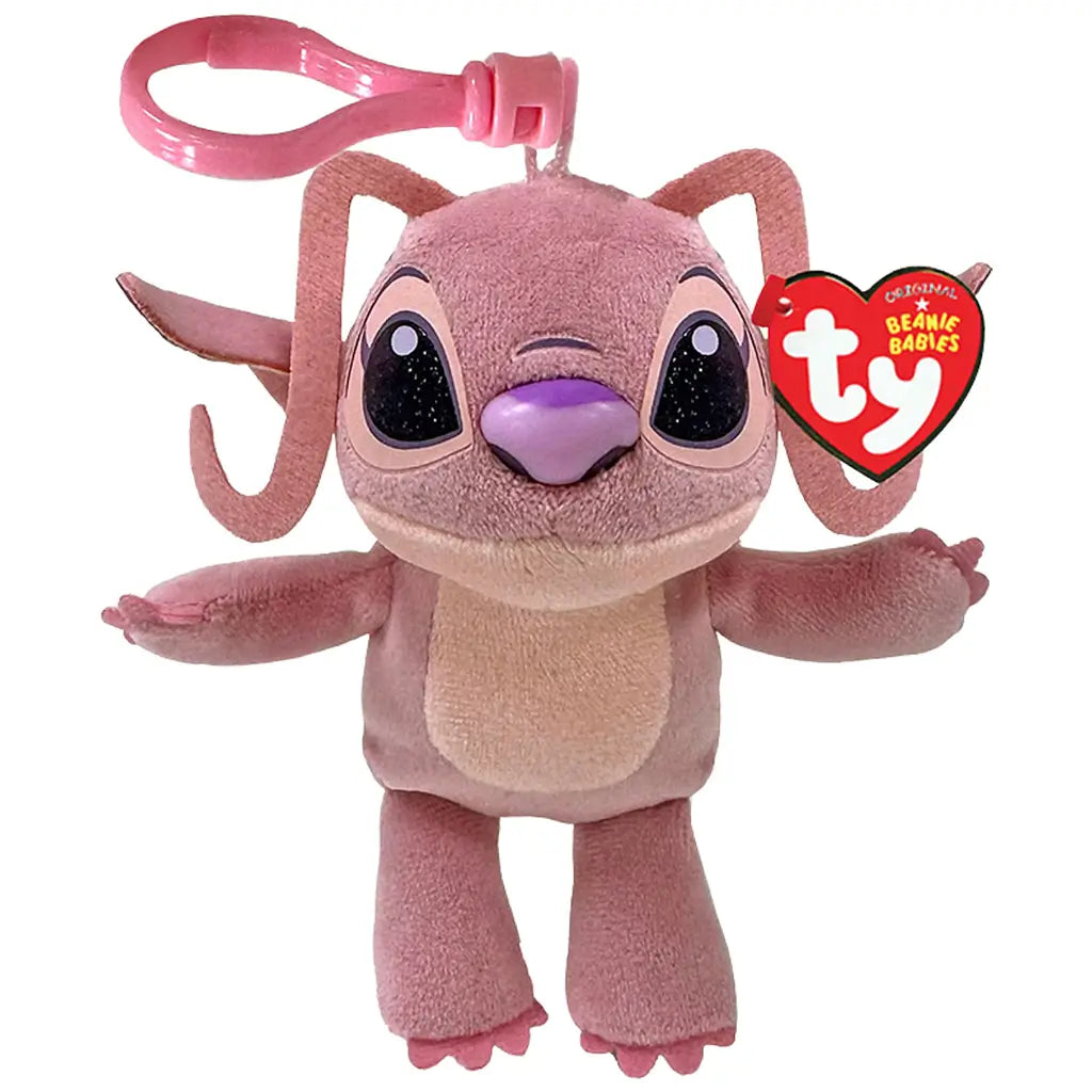 Disney Angel plush clip in dusty pink soft fabric, with glittery black eyes, purple nose, long antennae and beige belly, hanging from a pink plastic hook on white.