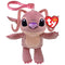 Disney Angel plush clip in dusty pink soft fabric, with glittery black eyes, purple nose, long antennae and beige belly, hanging from a pink plastic hook on white.