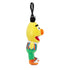Sesame Street Bert plush clip in yellow soft fabric, with black hair, orange nose, striped shirt, green pants and orange shoes, shown in side view with a black hook on white.