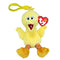 Sesame Street Big Bird plush clip in bright yellow soft fabric, with blue-accented eyes, open red mouth, striped legs and orange feet, hanging from a yellow hook on white.