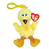 Sesame Street Big Bird plush clip in bright yellow soft fabric, with blue-accented eyes, open red mouth, striped legs and orange feet, hanging from a yellow hook on white.
