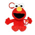Sesame Street Elmo plush clip in bright red soft fabric, with large white eyes, yellow-orange nose and wide black smile, seated beneath a red plastic hook on a white background.