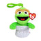 Sesame Street Oscar the Grouch plush clip in bright green soft fabric, with tan brows, open black mouth and gray trash can body, hanging from a green plastic hook on white.