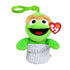 Sesame Street Oscar the Grouch plush clip in bright green soft fabric, with tan brows, open black mouth and gray trash can body, hanging from a green plastic hook on white.