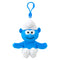 Smurfs Smurf plush clip in bright blue soft fabric, with white pointed hat and pants, round eyes, smiling face and outstretched arms, hanging from a blue plastic hook on white.
