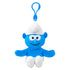 Smurfs Smurf plush clip in bright blue soft fabric, with white pointed hat and pants, round eyes, smiling face and outstretched arms, hanging from a blue plastic hook on white.
