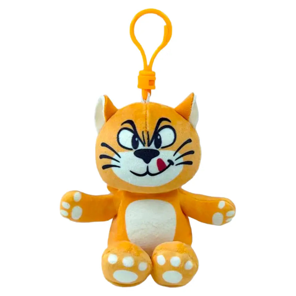 Smurfs Azrael plush clip in orange soft fabric, with cream muzzle and belly, pointed ears, embroidered whiskers, tongue and paw pads, seated beneath an orange plastic hook on white.