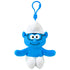 Smurfs Brainy Smurf plush clip in bright blue soft fabric, with black glasses, white hat and pants, smiling face and outstretched arms, hanging from a blue plastic hook on white.