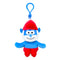 Smurfs Papa Smurf plush clip in bright blue soft fabric, with white beard, red pointed hat and pants, smiling face and outstretched arms, hanging from a blue plastic hook on white.