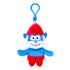 Smurfs Papa Smurf plush clip in bright blue soft fabric, with white beard, red pointed hat and pants, smiling face and outstretched arms, hanging from a blue plastic hook on white.