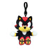 Sonic the Hedgehog Shadow plush clip in black and red soft fabric, with red eyes, tan muzzle, white gloves and red shoes, seated beneath a black plastic hook on a white background.