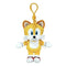 Sonic the Hedgehog Tails plush clip in golden yellow soft fabric, with blue eyes, white muzzle and chest, white gloves and red shoes, hanging from a yellow hook on white.
